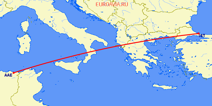 перелет Аннаба — Стамбул на карте