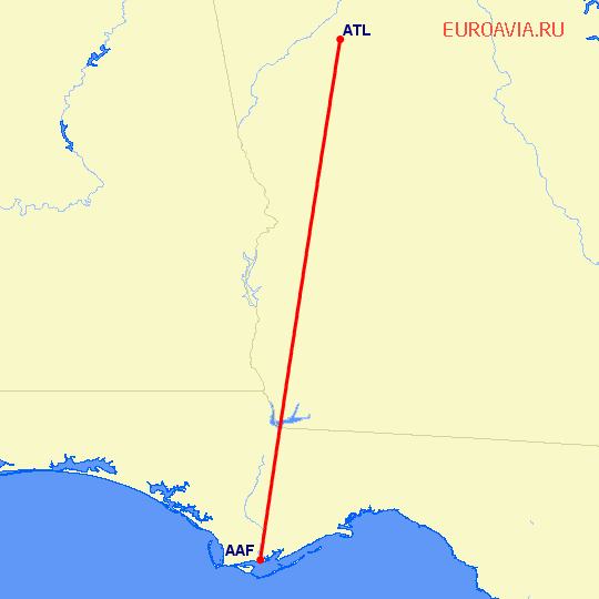 перелет Апалачикола — Атланта на карте