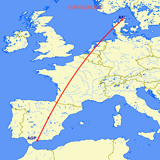 перелет Ольборг — Малага на карте