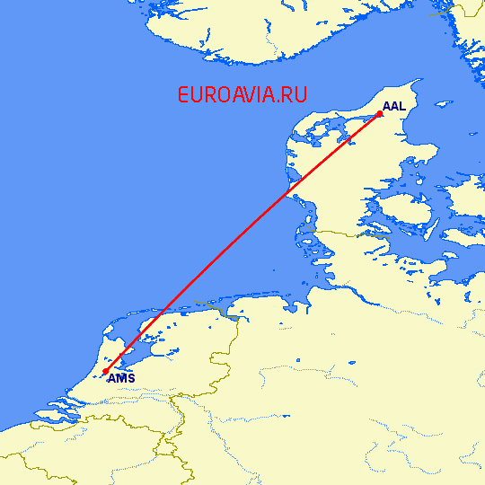 перелет Ольборг — Амстердам на карте