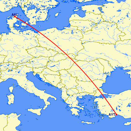 перелет Ольборг — Анталия на карте