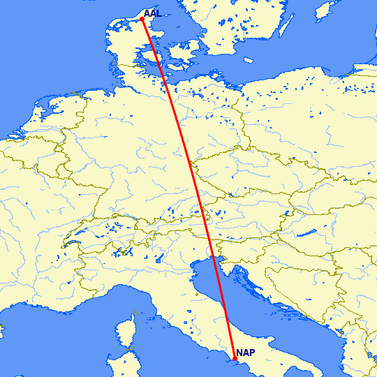 перелет Ольборг — Неаполь на карте