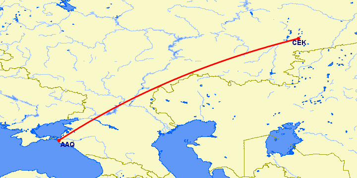 перелет Анапа — Челябинск на карте