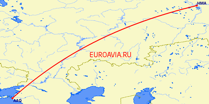 перелет Анапа — Ханты Мансийск на карте