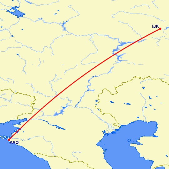 перелет Анапа — Ижевск на карте