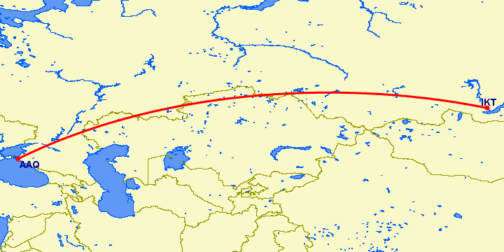 перелет Анапа — Иркутск на карте