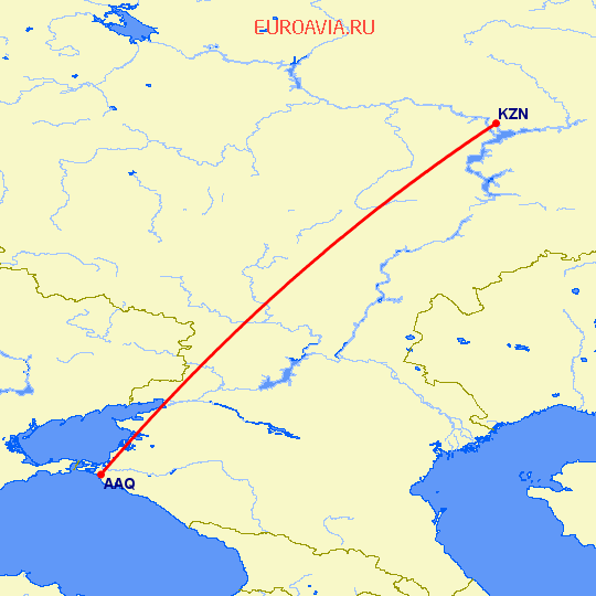 перелет Анапа — Казань на карте