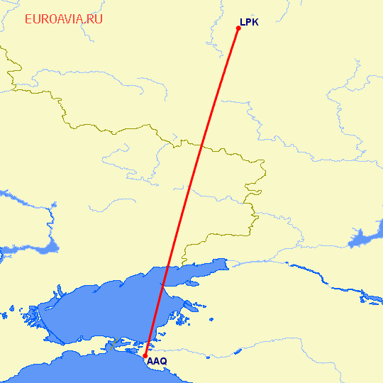 перелет Анапа — Липецк на карте