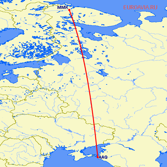 перелет Анапа — Мурманск на карте