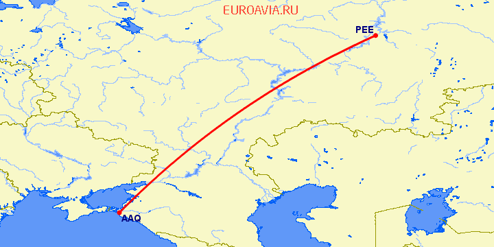 перелет Анапа — Пермь на карте