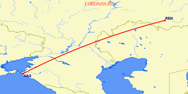 перелет Анапа — Оренбург на карте