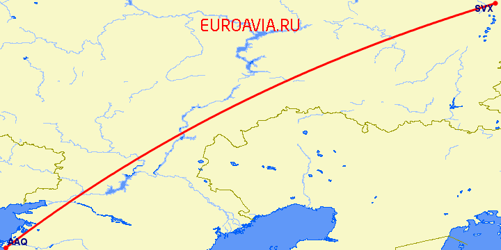 перелет Анапа — Екатеринбург на карте