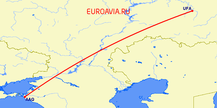 перелет Анапа — Уфа на карте