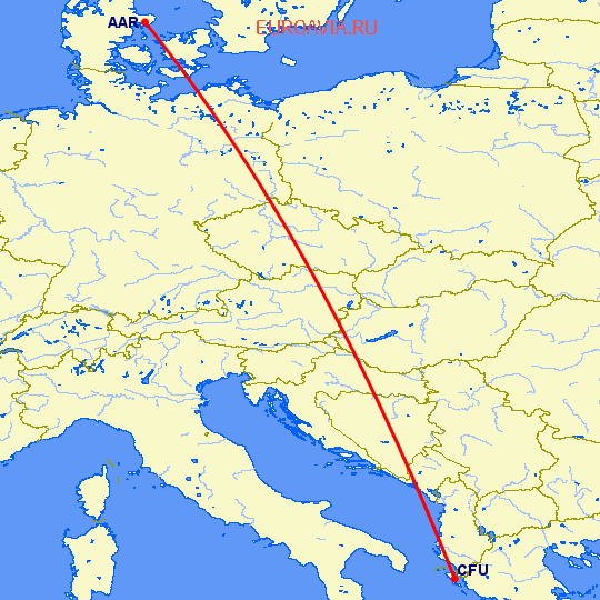 перелет Орхус — Керкира на карте