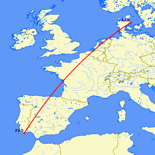 перелет Орхус — Фару на карте