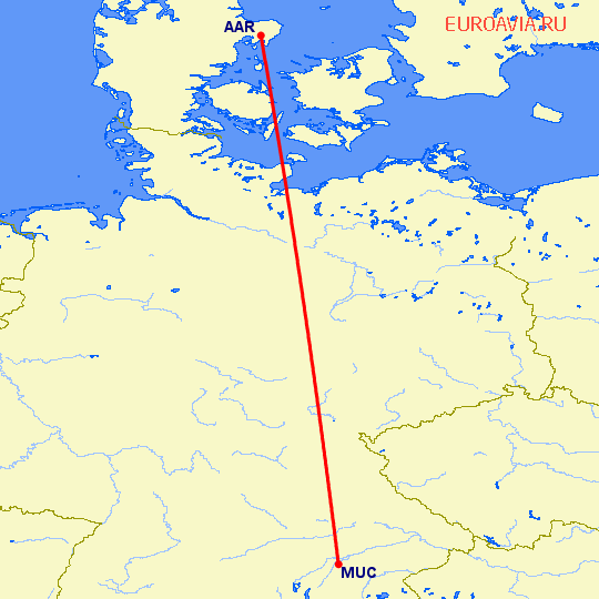 перелет Орхус — Мюнхен на карте