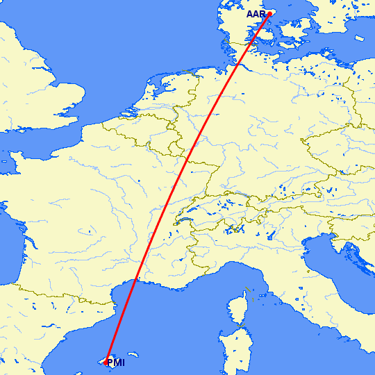 перелет Орхус — Пальма де Майорка на карте