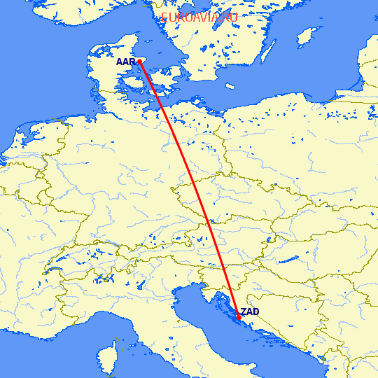 перелет Орхус — Задар на карте