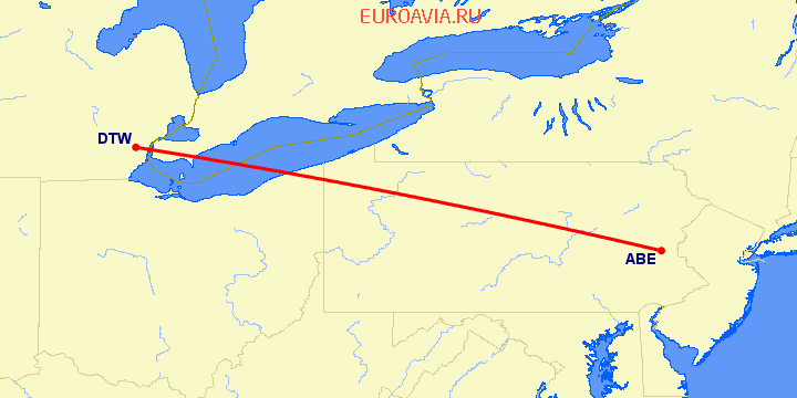 перелет Аллентаун — Детройт на карте