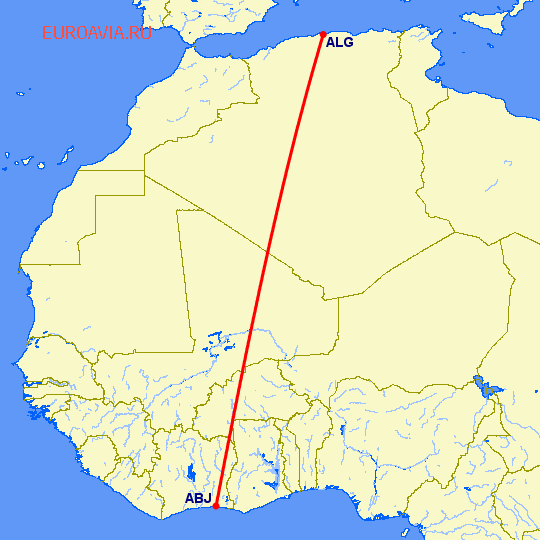 перелет Абиджан — Алжир на карте