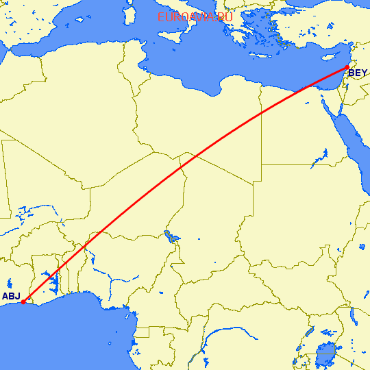 перелет Абиджан — Бейрут на карте