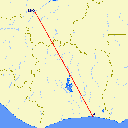 перелет Абиджан — Бамако на карте