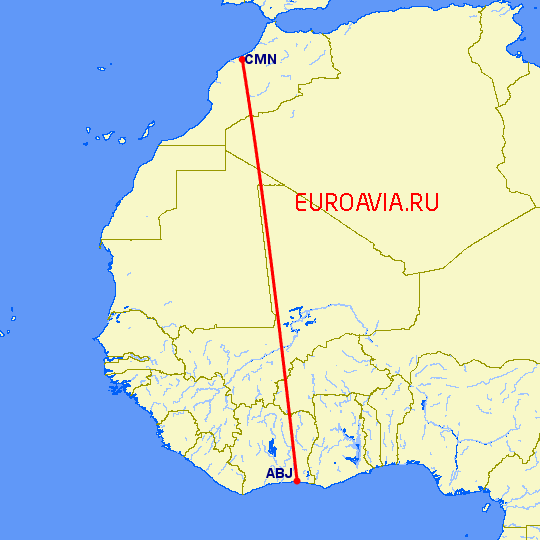 перелет Абиджан — Касабланка на карте