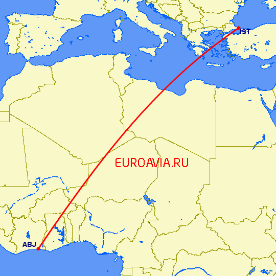 перелет Абиджан — Стамбул на карте