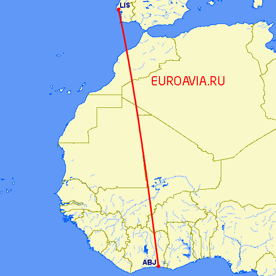 перелет Абиджан — Лиссабон на карте