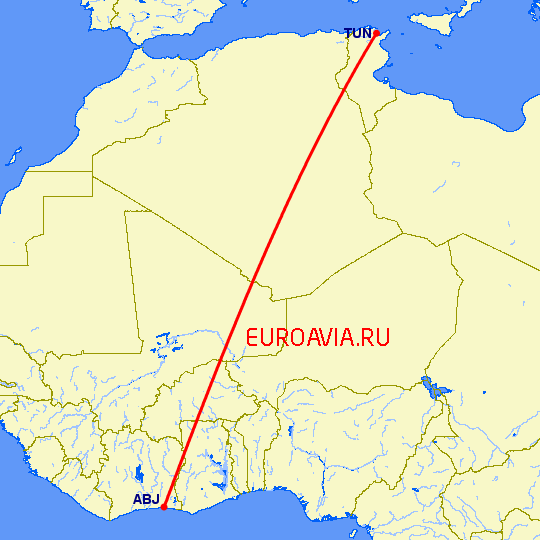 перелет Абиджан — Тунис на карте