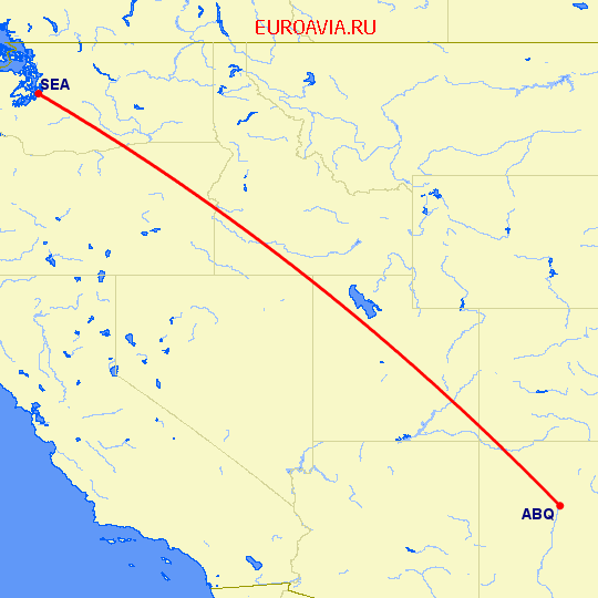 перелет Альбукерке — Сиэтл на карте