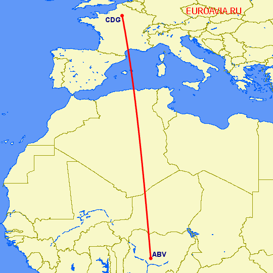перелет Абуджа — Париж на карте