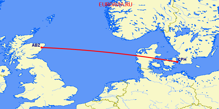 перелет Абердин — Копенгаген на карте