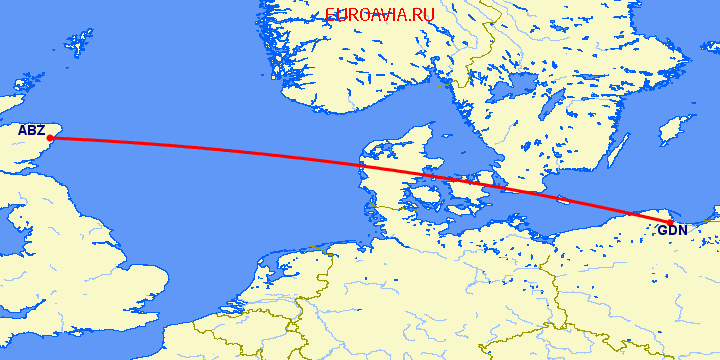 перелет Абердин — Гданьск на карте