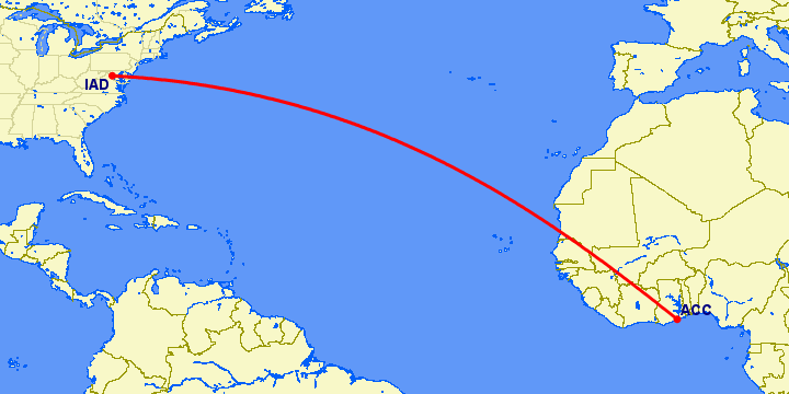 перелет Аккра — Вашингтон на карте