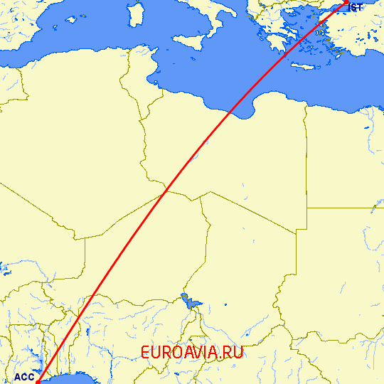 перелет Аккра — Стамбул на карте