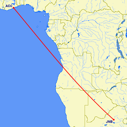 перелет Аккра — Йоханнесбург на карте