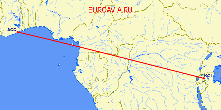 перелет Аккра — Кигали на карте