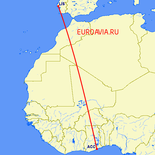 перелет Аккра — Лиссабон на карте