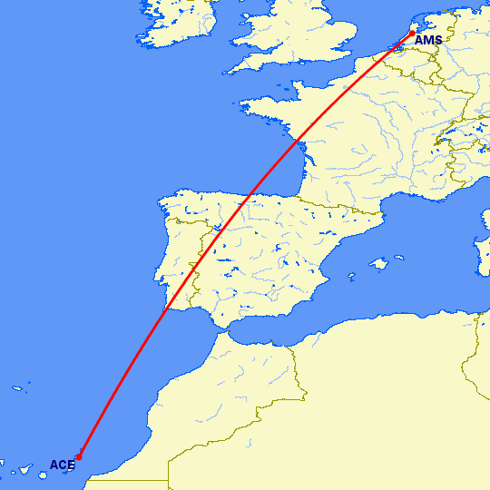 перелет Арресифе — Амстердам на карте