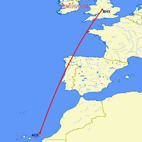 перелет Арресифе — Бирмингем на карте