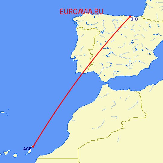 перелет Арресифе — Бильбао на карте