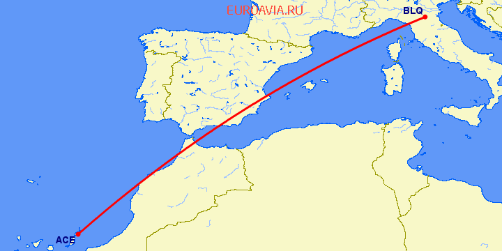 перелет Арресифе — Болонья на карте