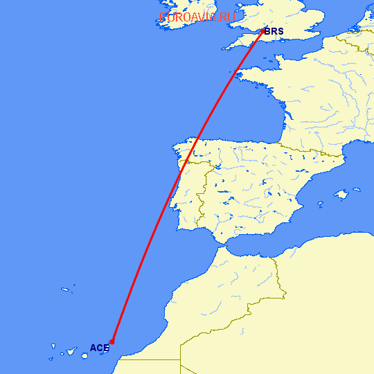 перелет Арресифе — Бристоль на карте