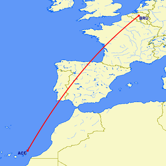перелет Арресифе — Брюссель на карте