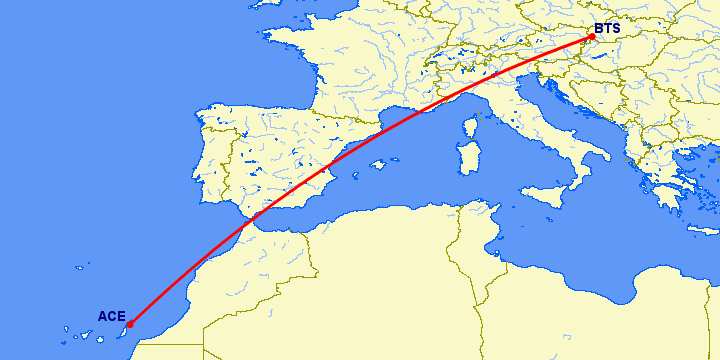 перелет Арресифе — Братислава на карте