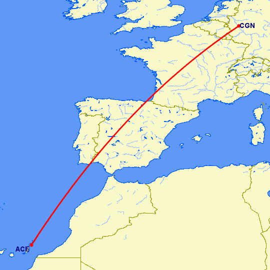 перелет Арресифе — Кельн на карте