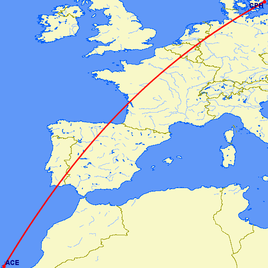 перелет Арресифе — Копенгаген на карте