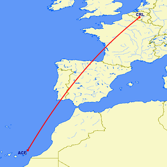 перелет Арресифе — Шарлеруа на карте