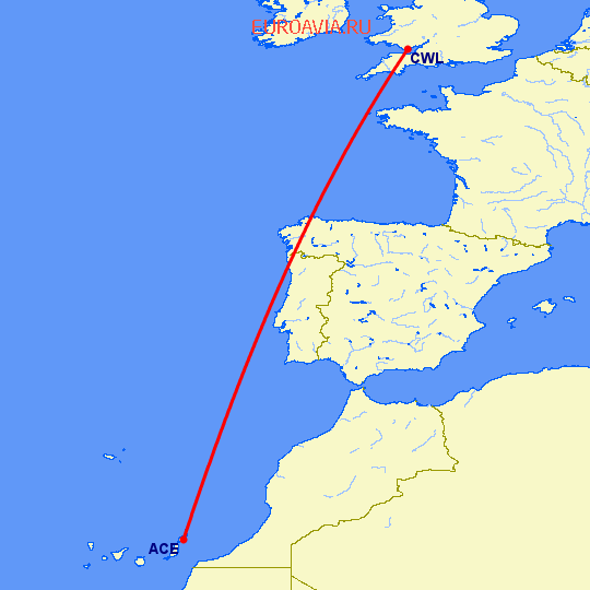 перелет Арресифе — Кардифф на карте